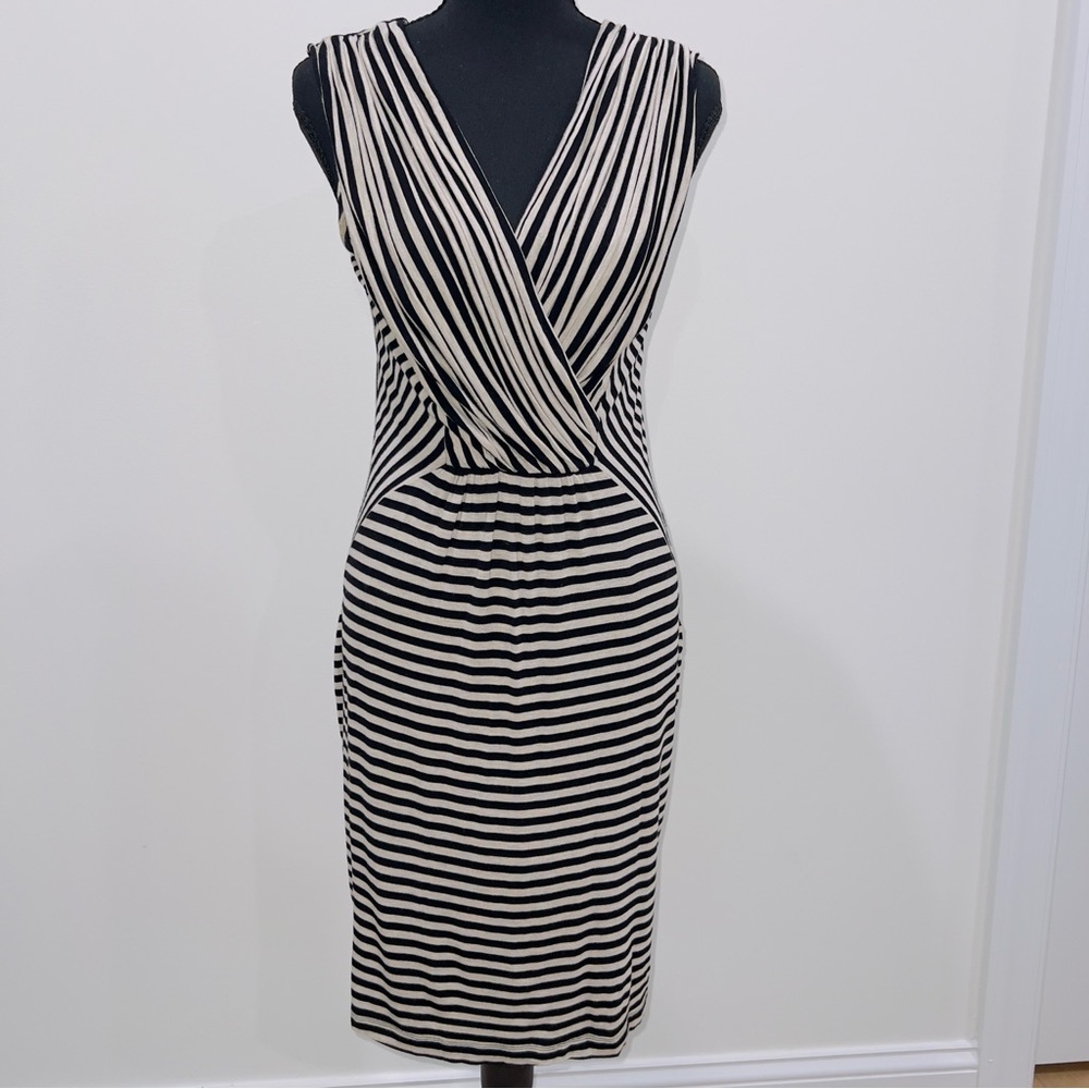 Calvin Klein Black and Cream Striped Midi Dress Size 6